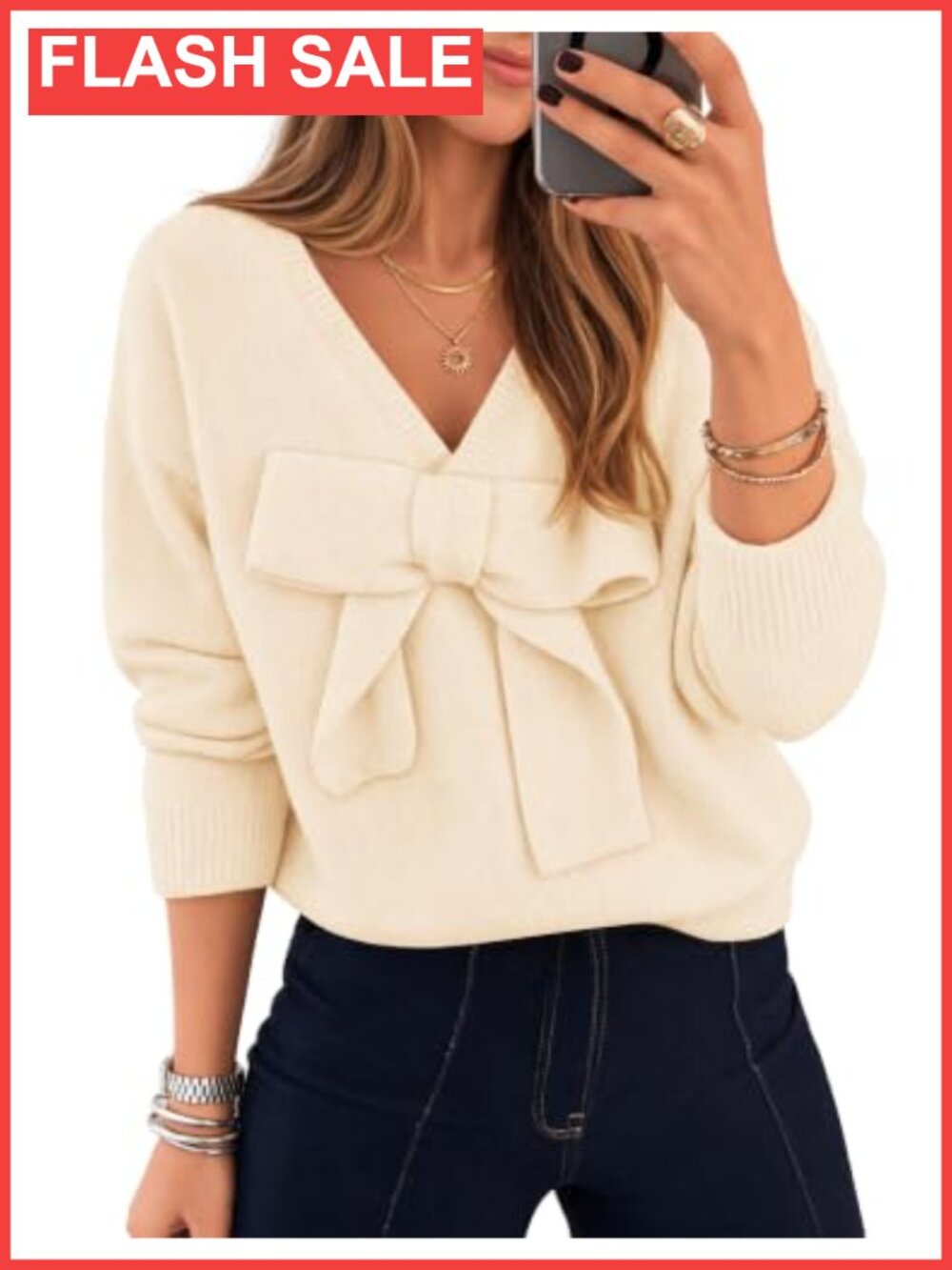 Women's Fuzzy Knit Bow Sweater Pullover Long Sleeve V-Neck Fall Winter